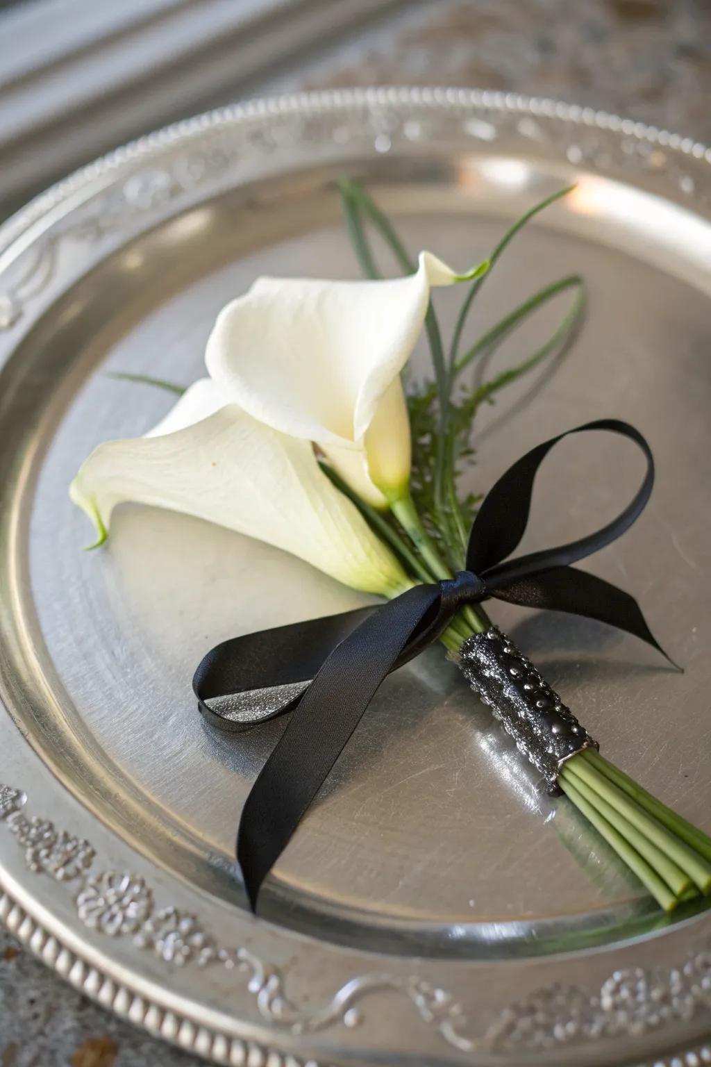 Snow lily boutonnieres impart modern sophistication to any suit.