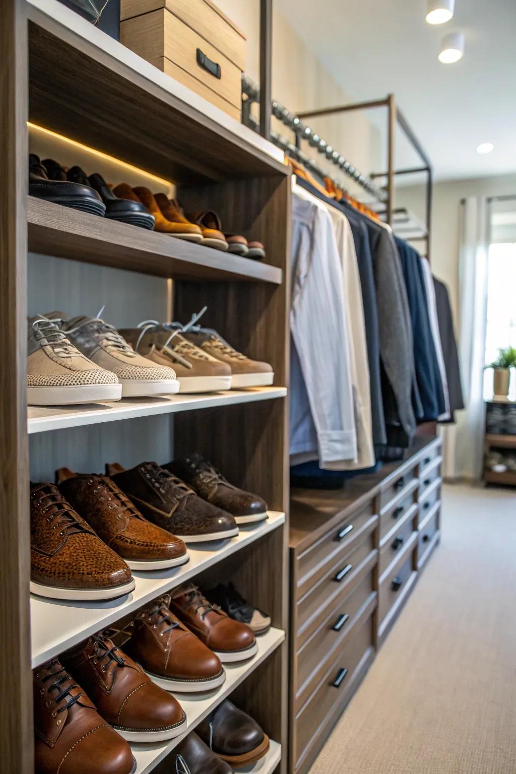 Shoe storage designed to keep footwear well arranged and reachable.