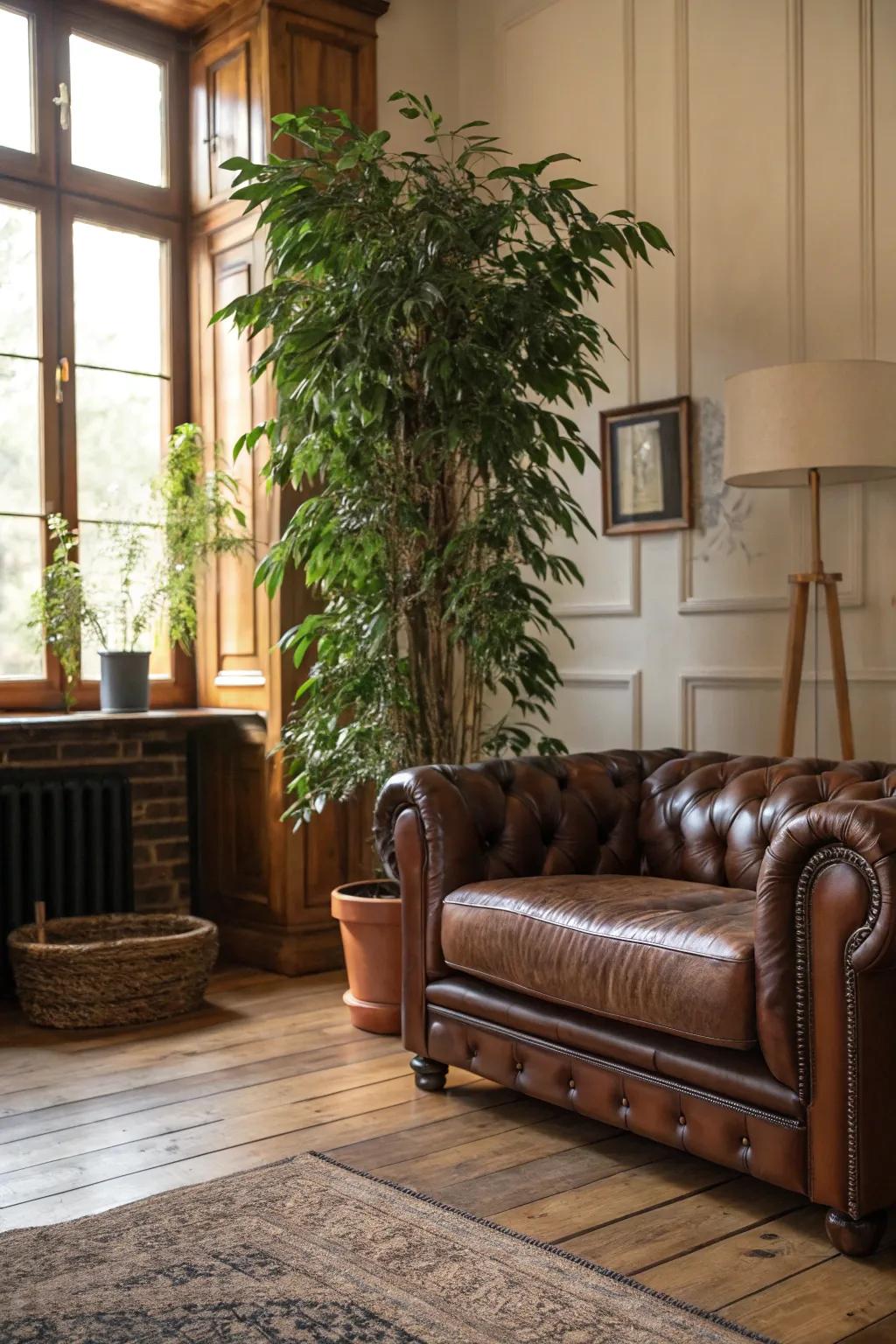 A masculine setting brightened by the addition of refreshing indoor plants.