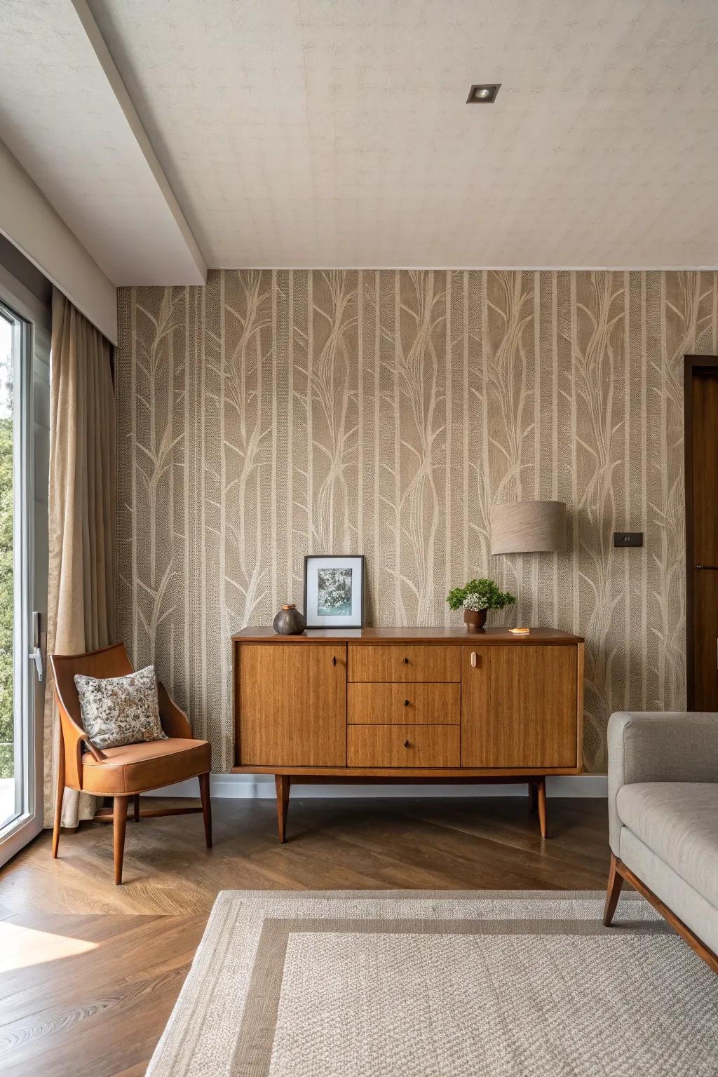 Space showcasing wall covering in subdued natural pigments, typical of the mid-century era.