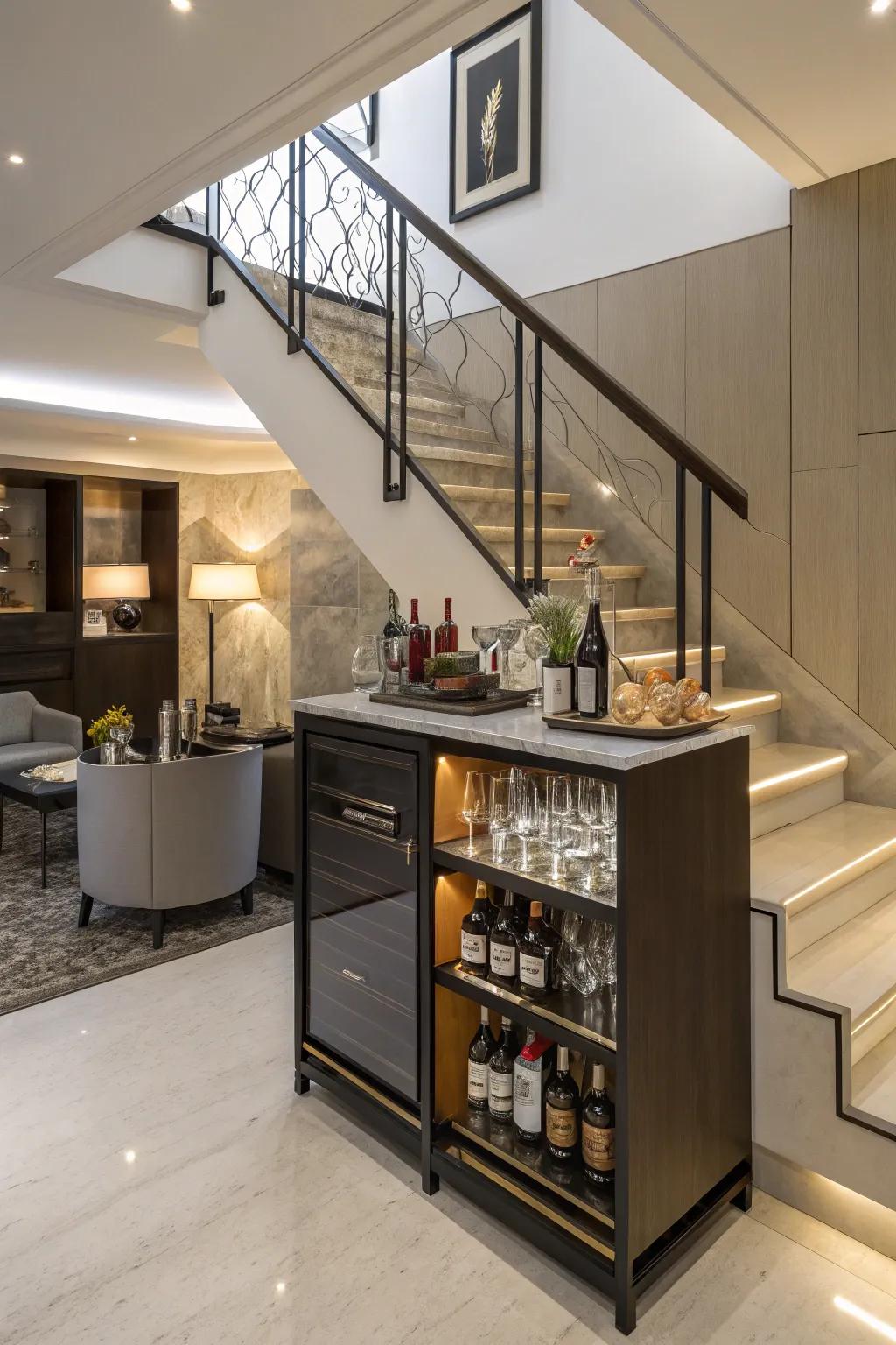 A personal bar beneath the stairs optimizes spatial efficiency and adds unexpected charm.
