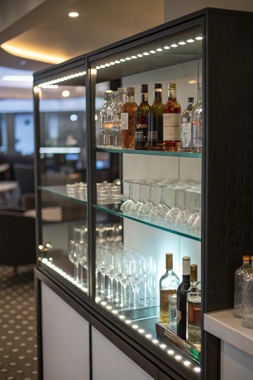 Beneath-the-shelf Light Emitting Diode lights inject a modern feel into the home bar.