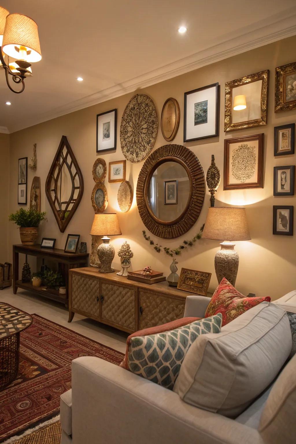 A curated mirror gallery wall adds a personal touch to the living room.