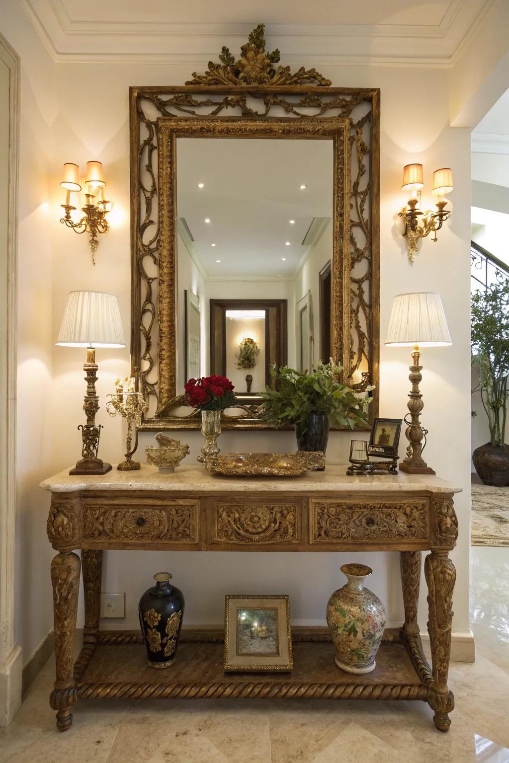 A reflector in the entranceway enhances sophistication and reflects a heartfelt welcome.