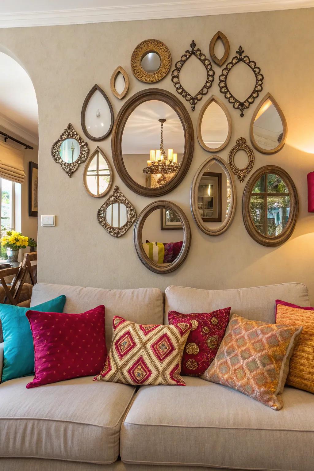 Clustered mirrors bring in an eclectic vibe.