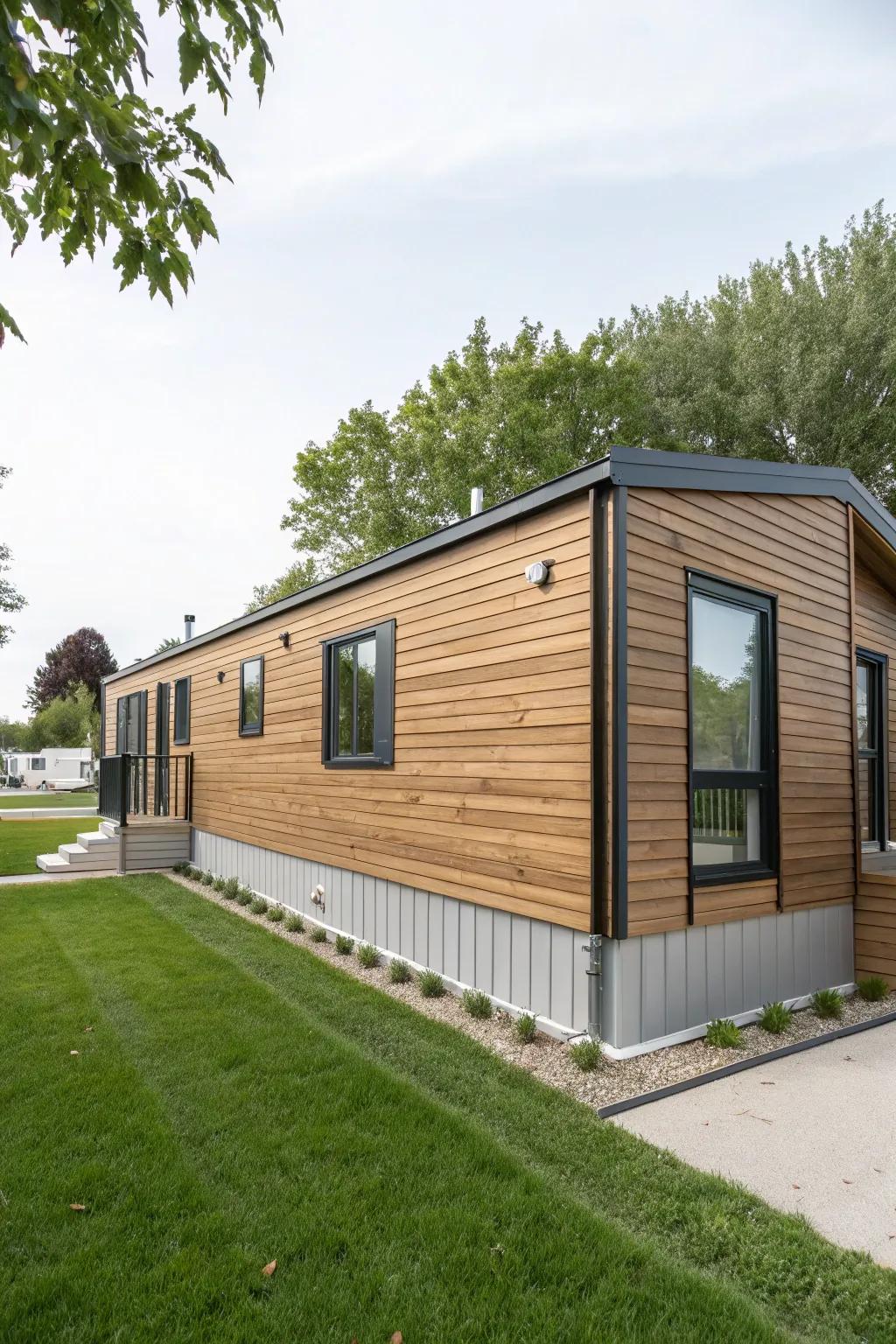 A mobile home invigorated with modern replica wood cladding.