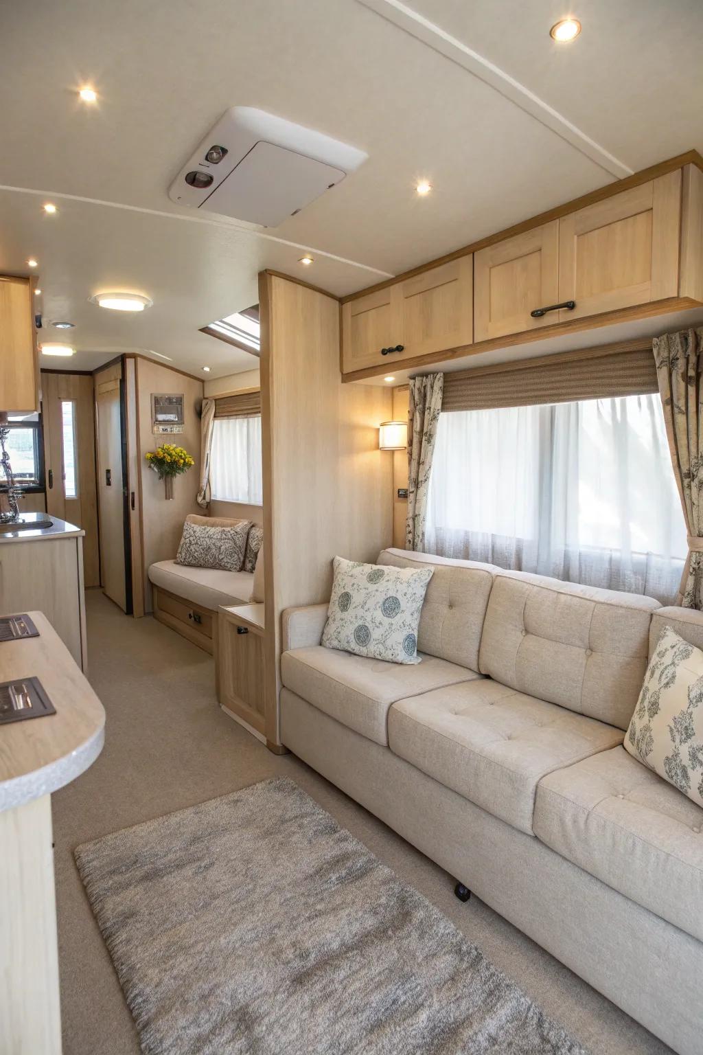 Neutral tones can broaden the visual area of your mobile home.