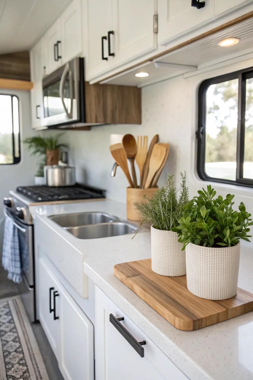 Elegant quartz countertops enhance this mobile kitchen.
