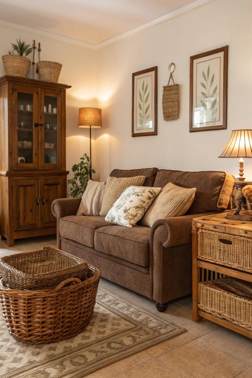 Authentic components such as timber and wicker infuse feel into the cocoa-colored sofa arrangement.