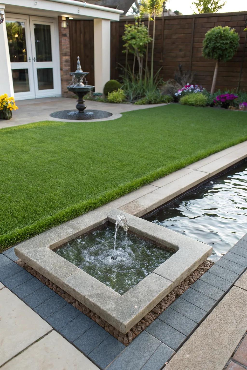 A peaceful front yard featuring artificial grass alongside a calming water element.