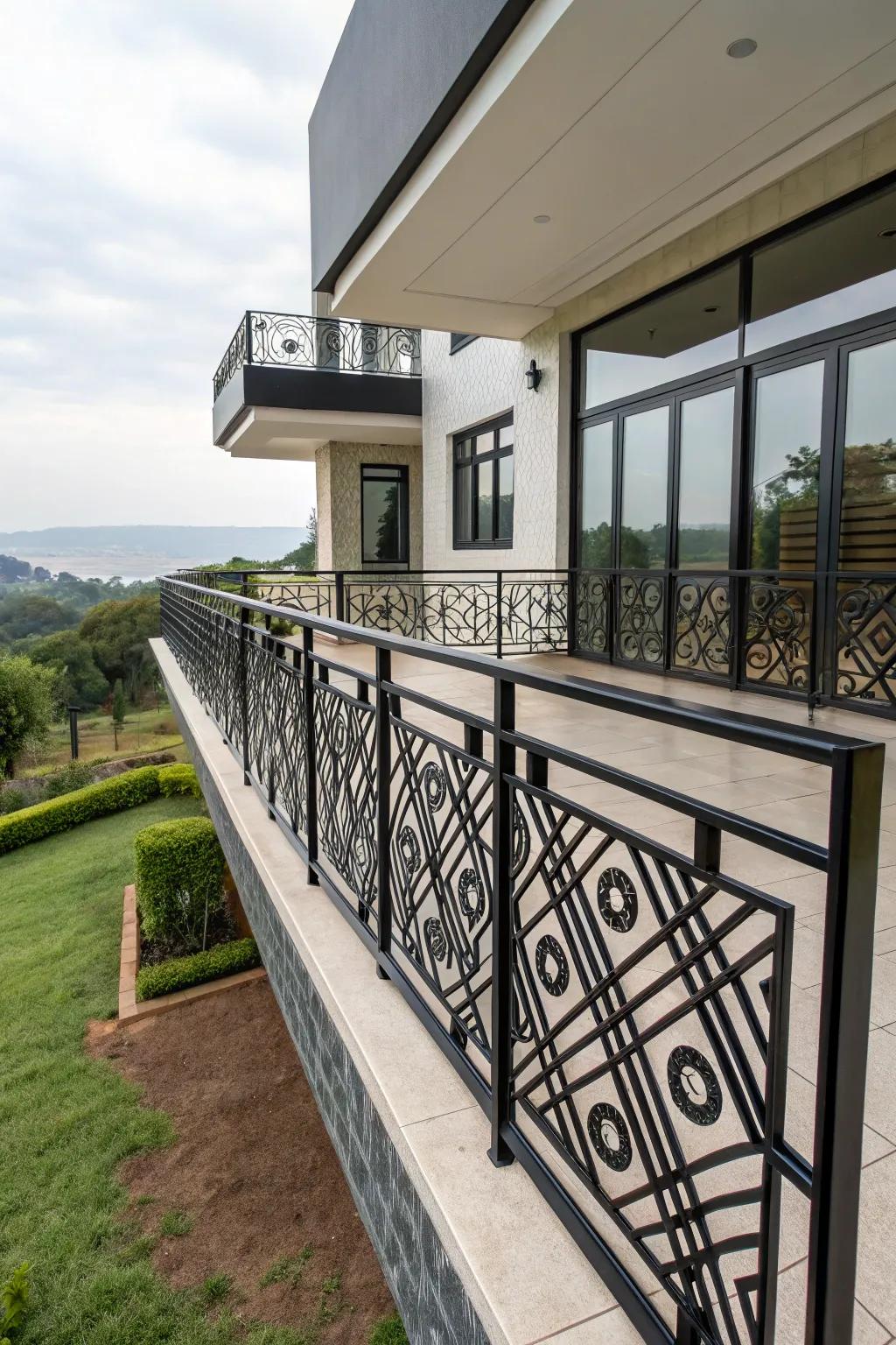 Balcony railing showcasing bold geometric designs, contrasting a modern home facade