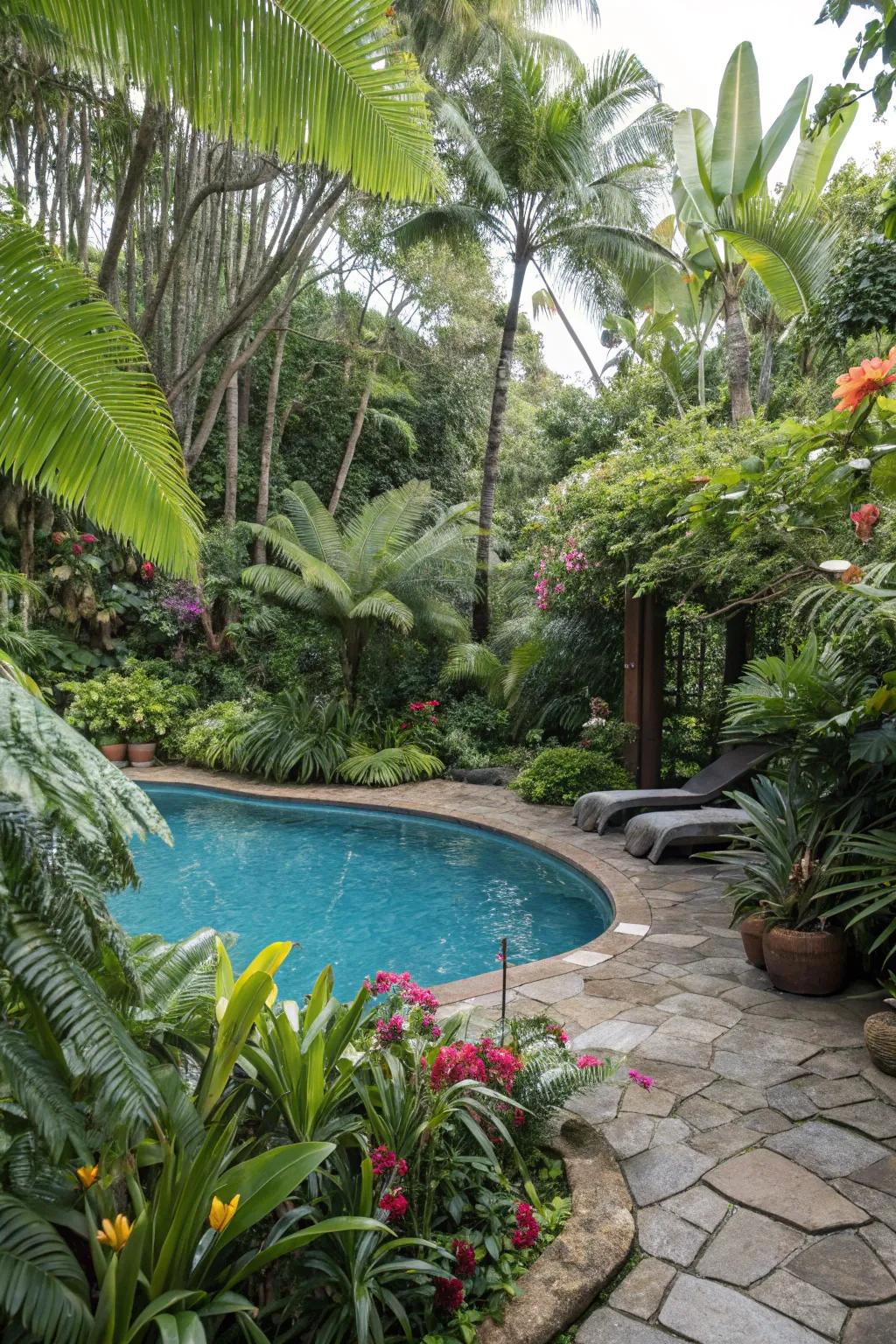 Tropical vegetation brings a resort-like ambiance to your yard's pool.