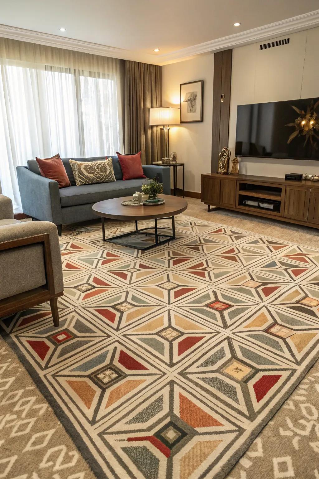 A modern lounge showcasing a floor covering with geometric patterns, adding visual interest