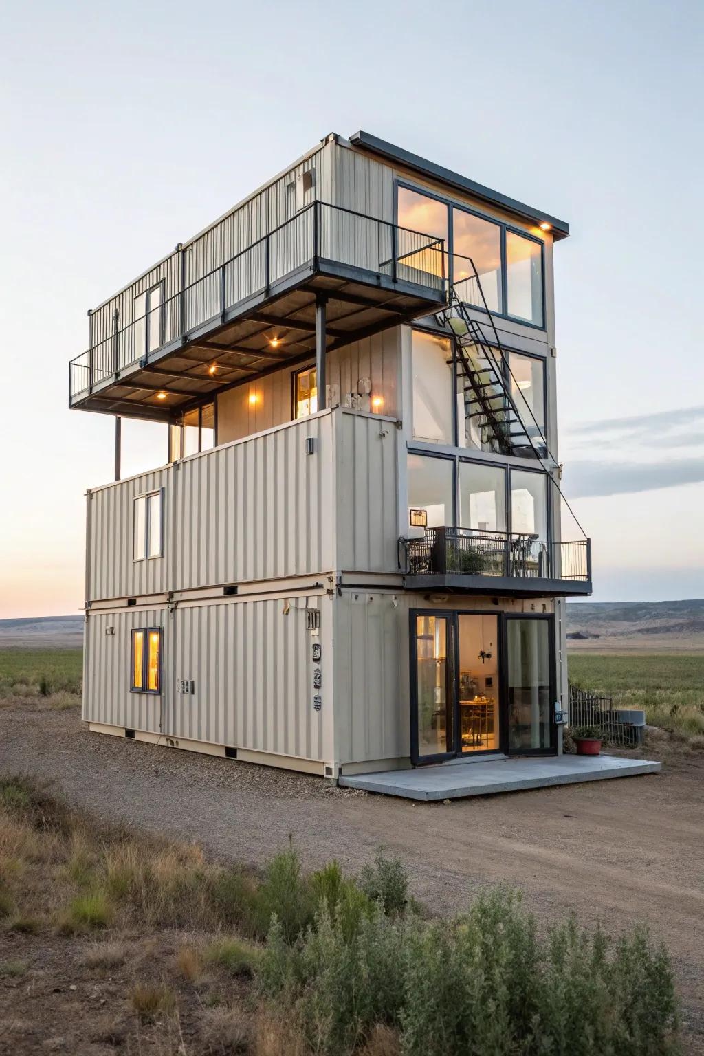 A multi-story container home showcasing vertical space efficiency and panoramic views.