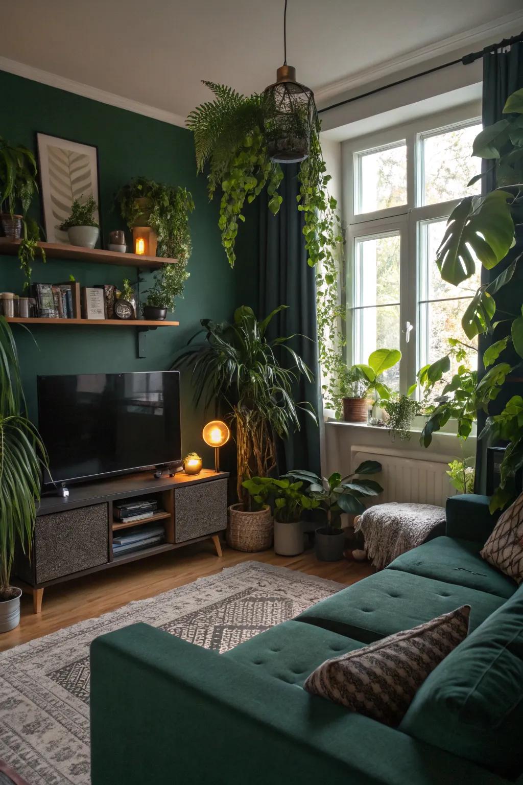Houseplants heighten the natural charm of an emerald living space.