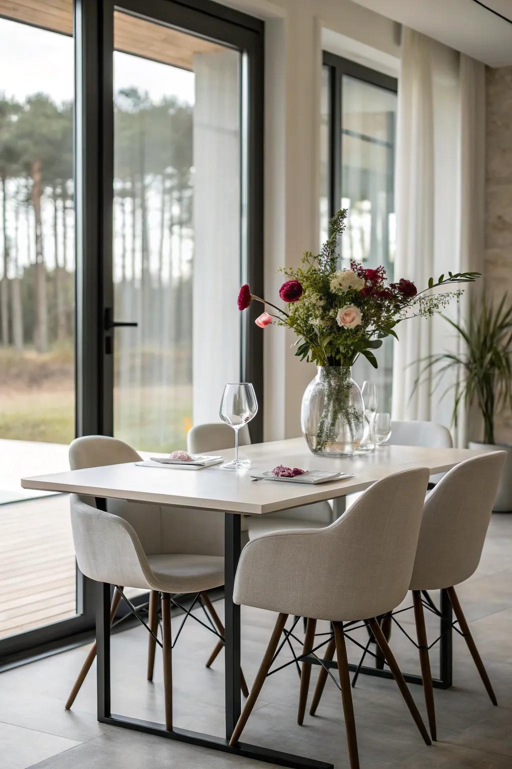 Minimalist furniture contributes to a polished and spacious dining room aesthetic.