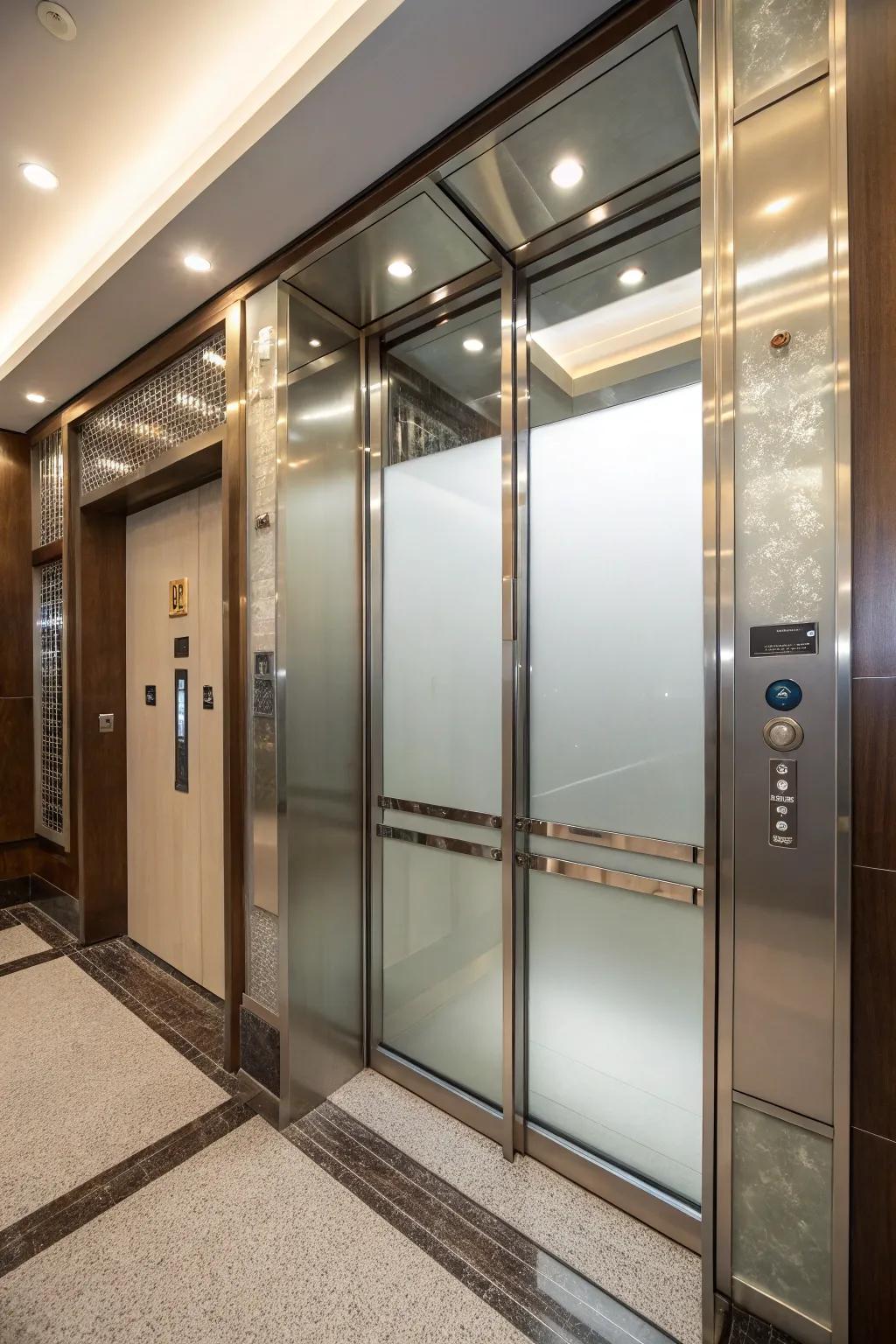 A modern elevator interior incorporating etched crystal surfaces for an open and chic visual.