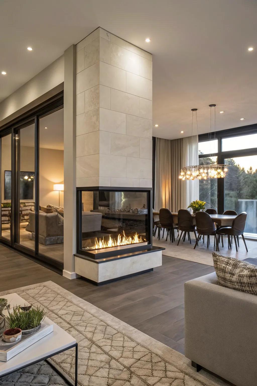 A double-sided fireplace smoothly connects a living room and dining area.