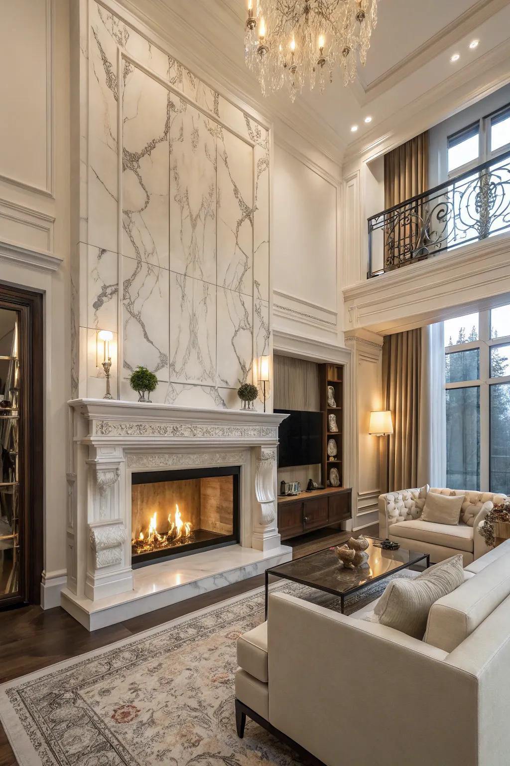 Luxurious fireplace highlighting polished marble covering.