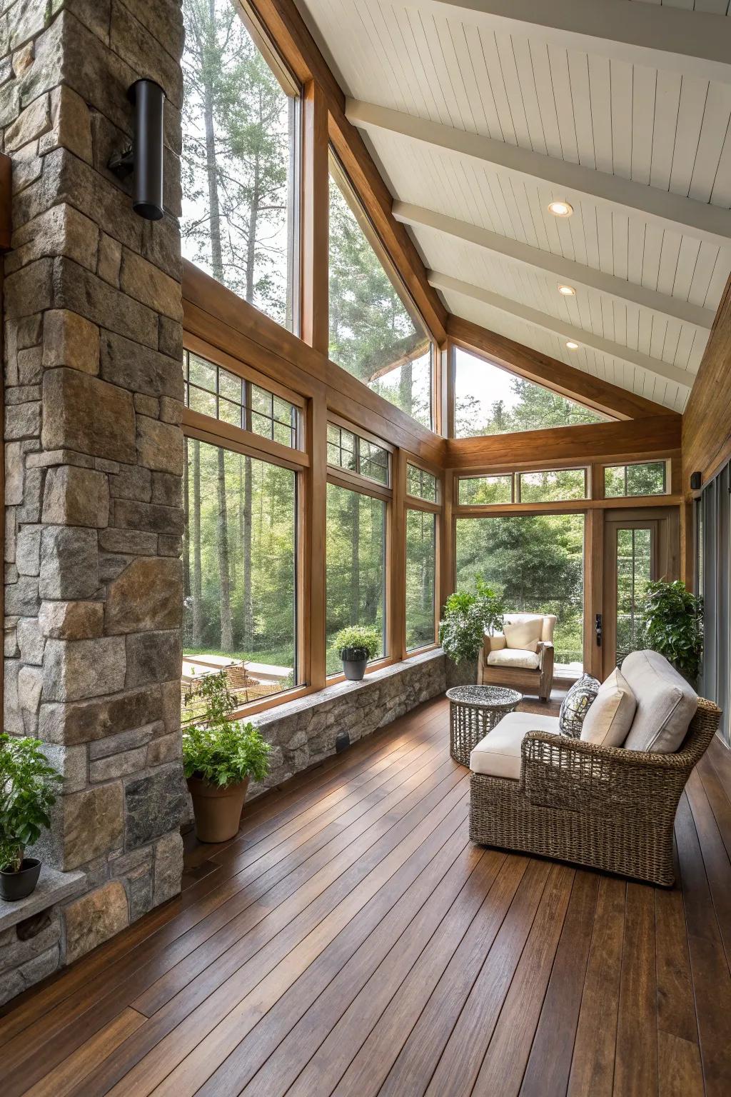 Natural timber and stone impart an earthy allure to a state-of-the-art sunroom.