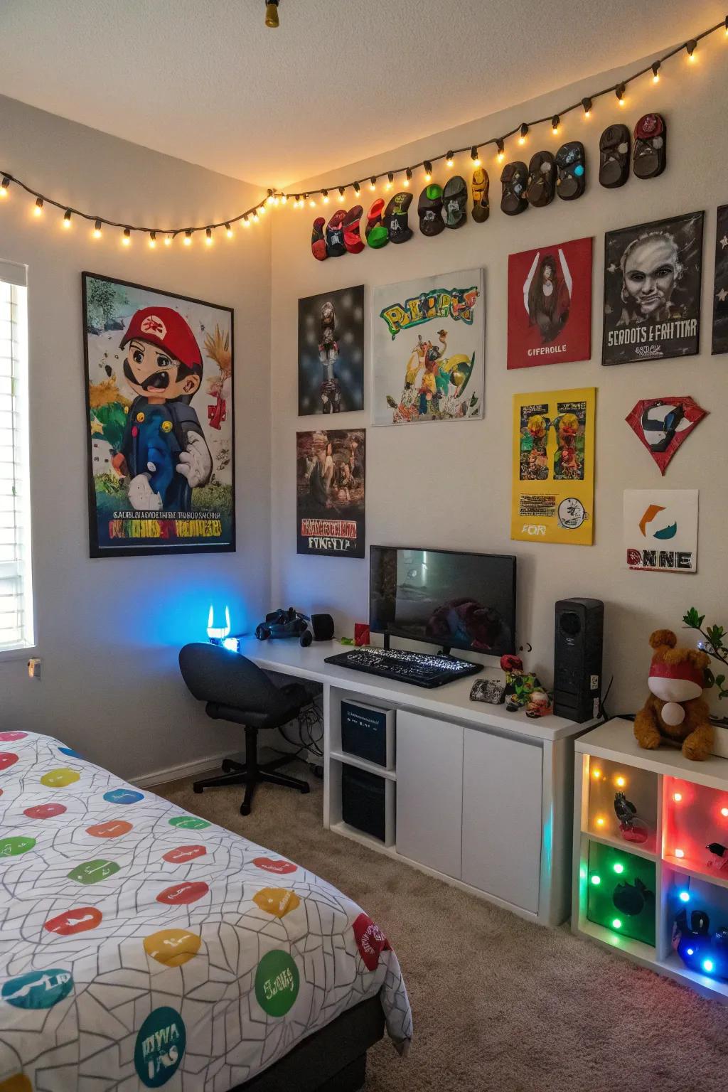 A bedroom styled with gaming-inspired artwork and decorations.