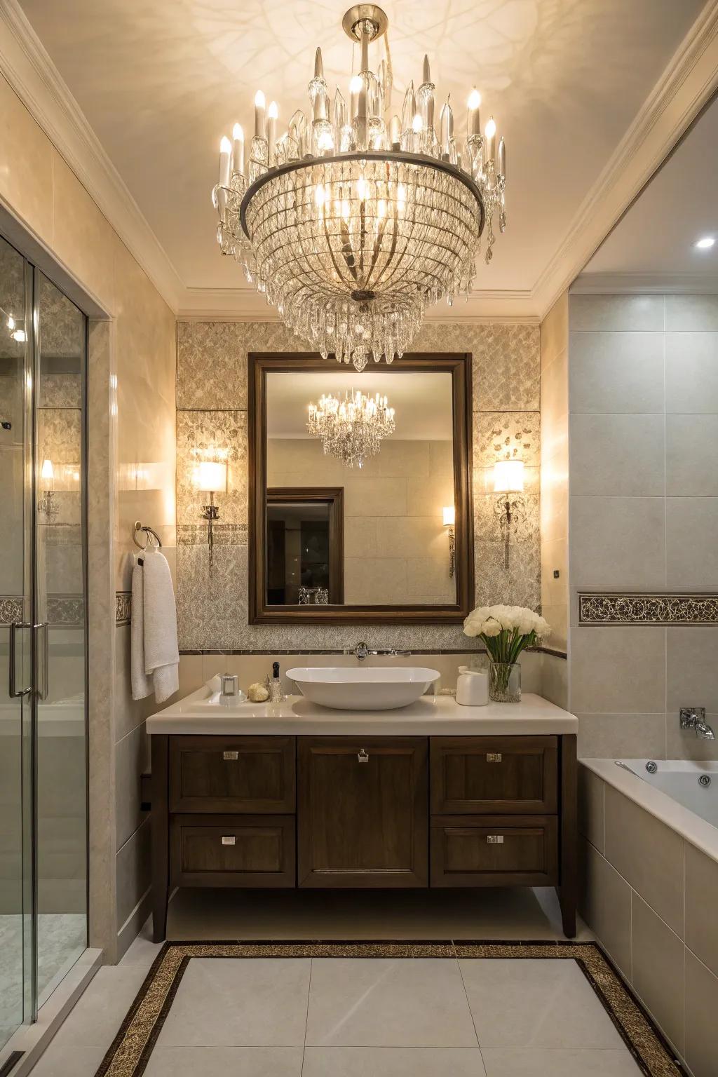 A bathroom flaunting a showy chandelier and stylish wall lamps.