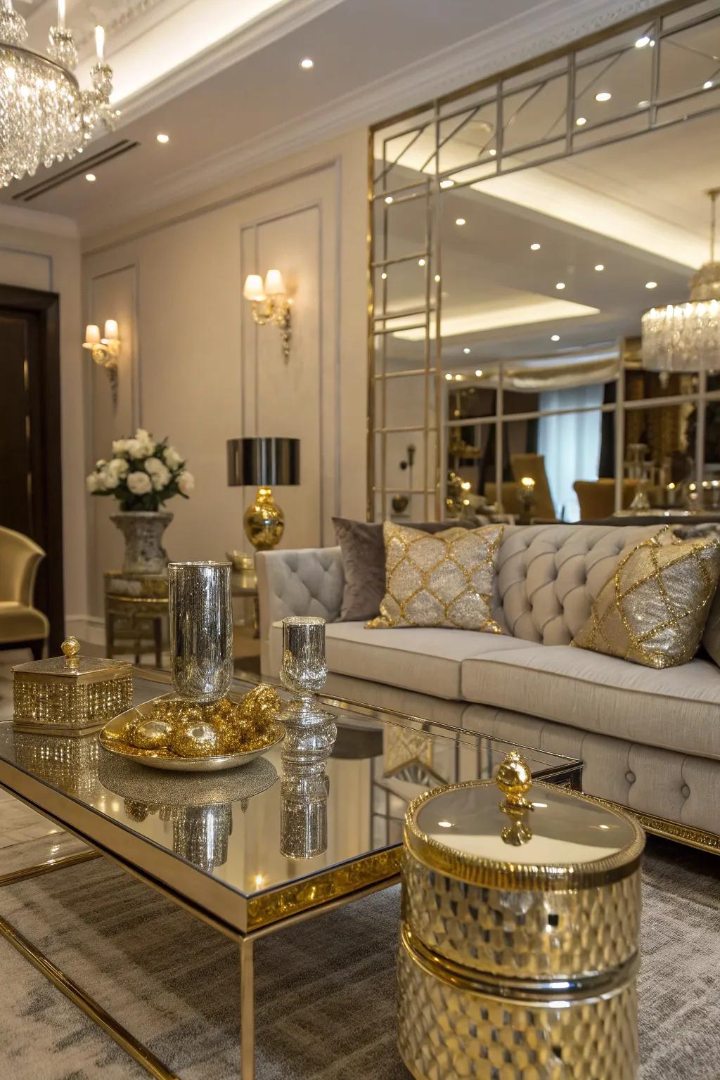 Mirrored elements enhance the charm of gold and silver decor.