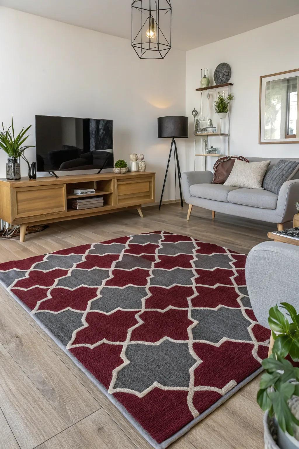 Living area showcasing a patterned wine and slate floor covering along with modern accents.