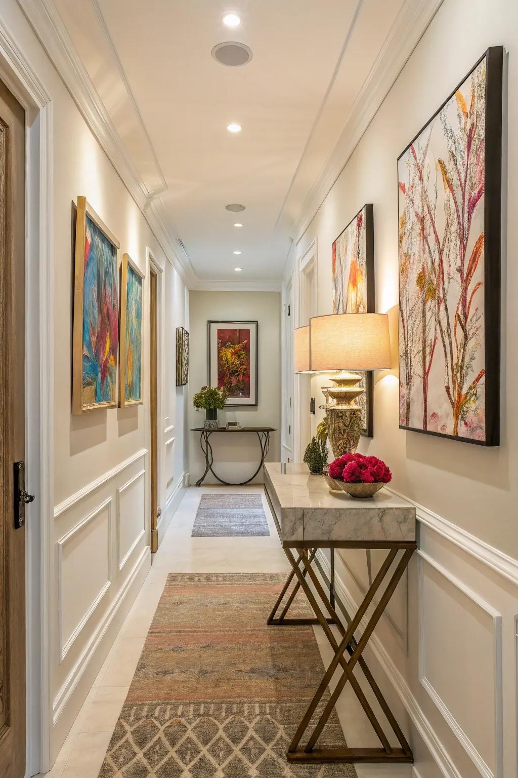 Art injects vibrancy and individual style into a hallway.
