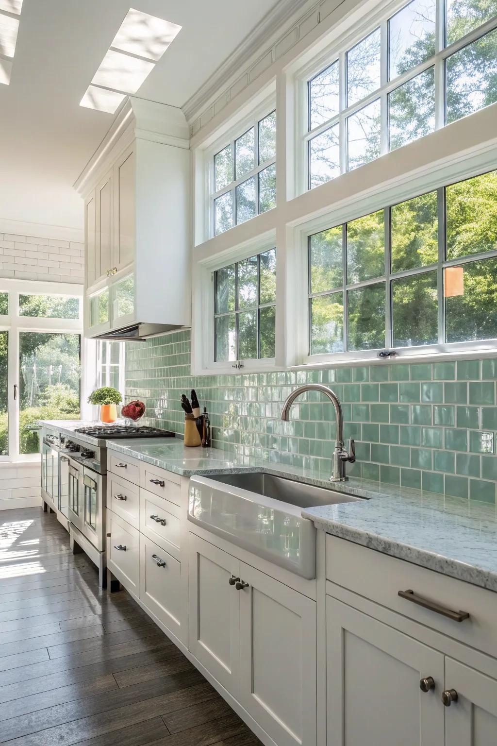 Crystal tiles brighten and enlarge any kitchen.
