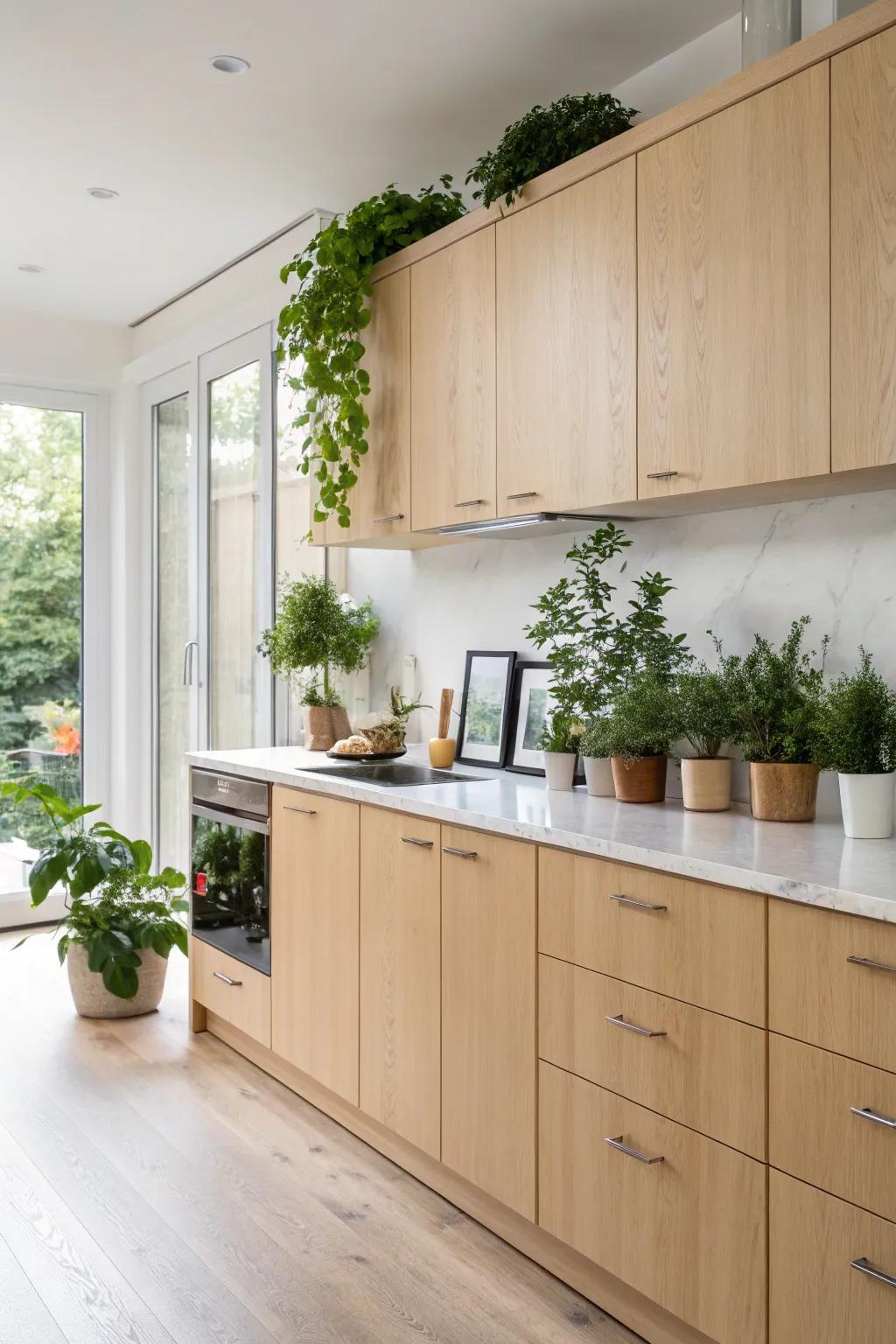 Indoor greenery perfectly complements the natural charm of cream-colored pecan wood cabinets.