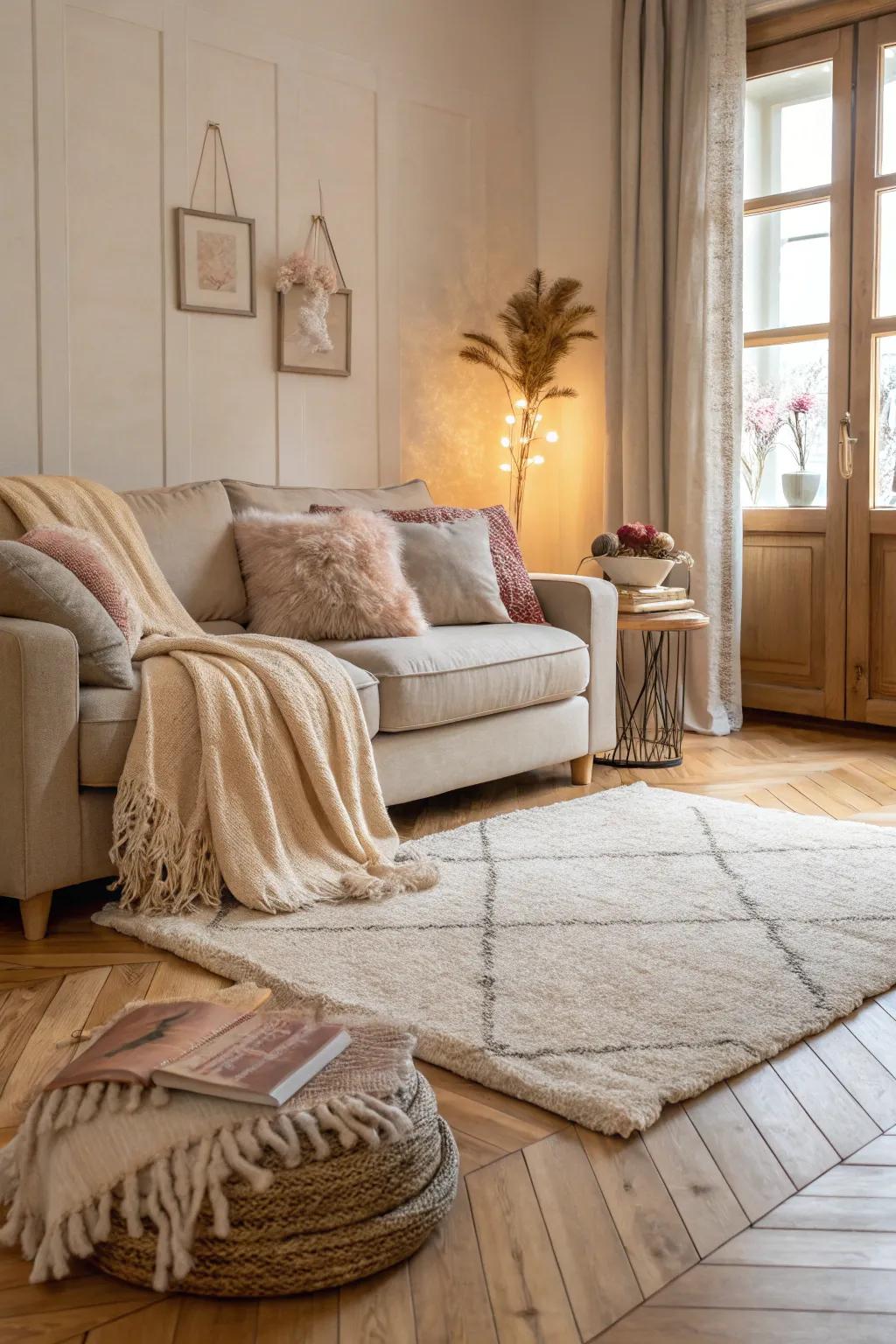 Comfortable fabrics complement the warmth of pale timber flooring.