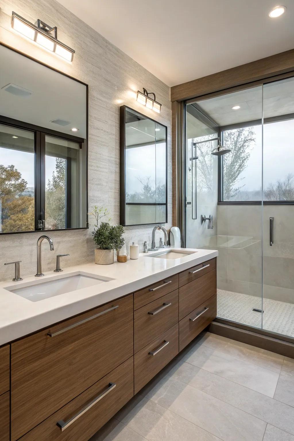 Streamlined sink units deliver a contemporary vibe with sensible advantages.