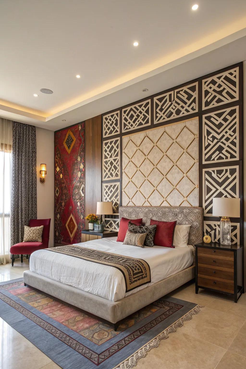 A striking emphasized wall brings character to this contemporary bedroom.