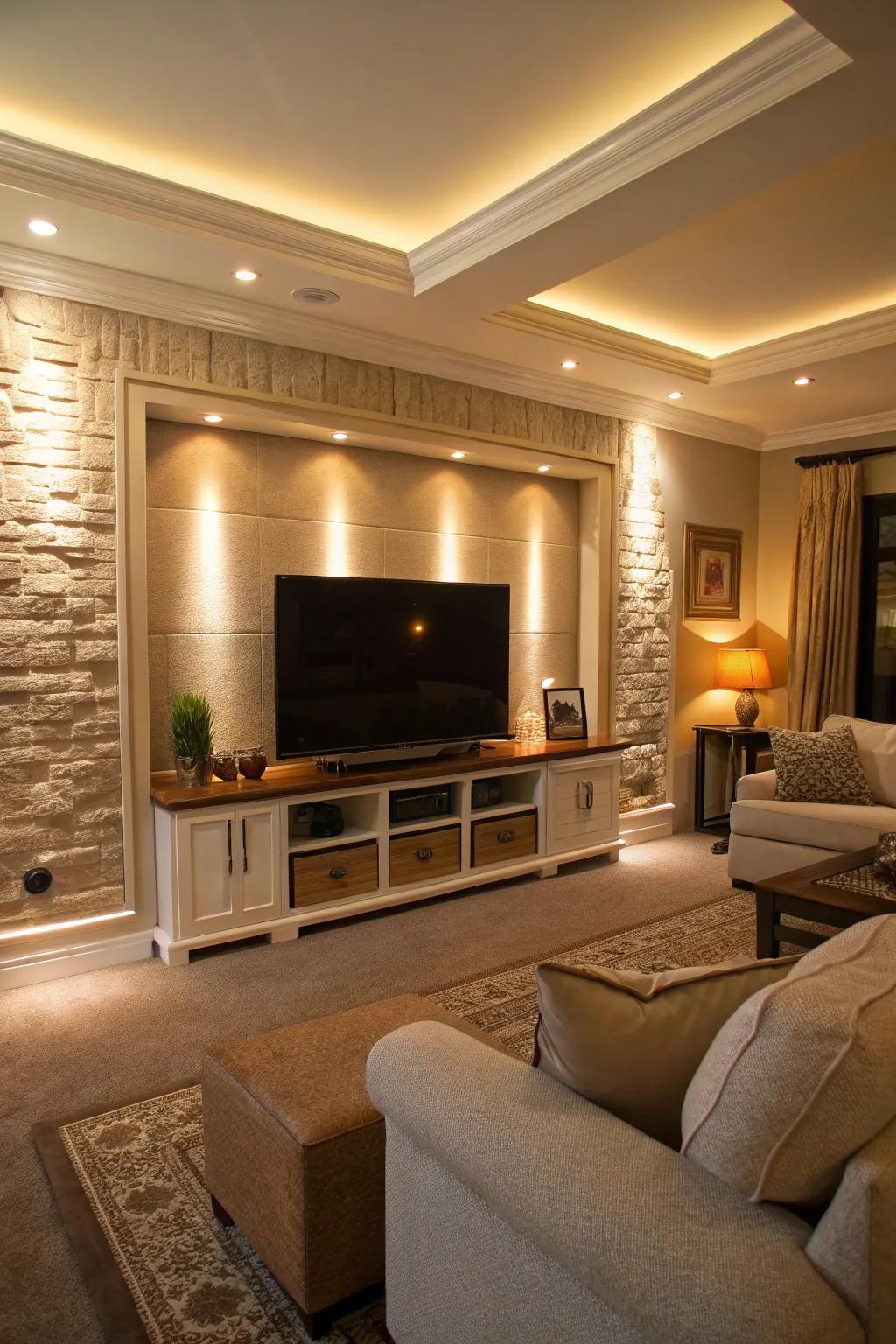 Accent illumination bestows a comforting radiance upon a modern media wall.