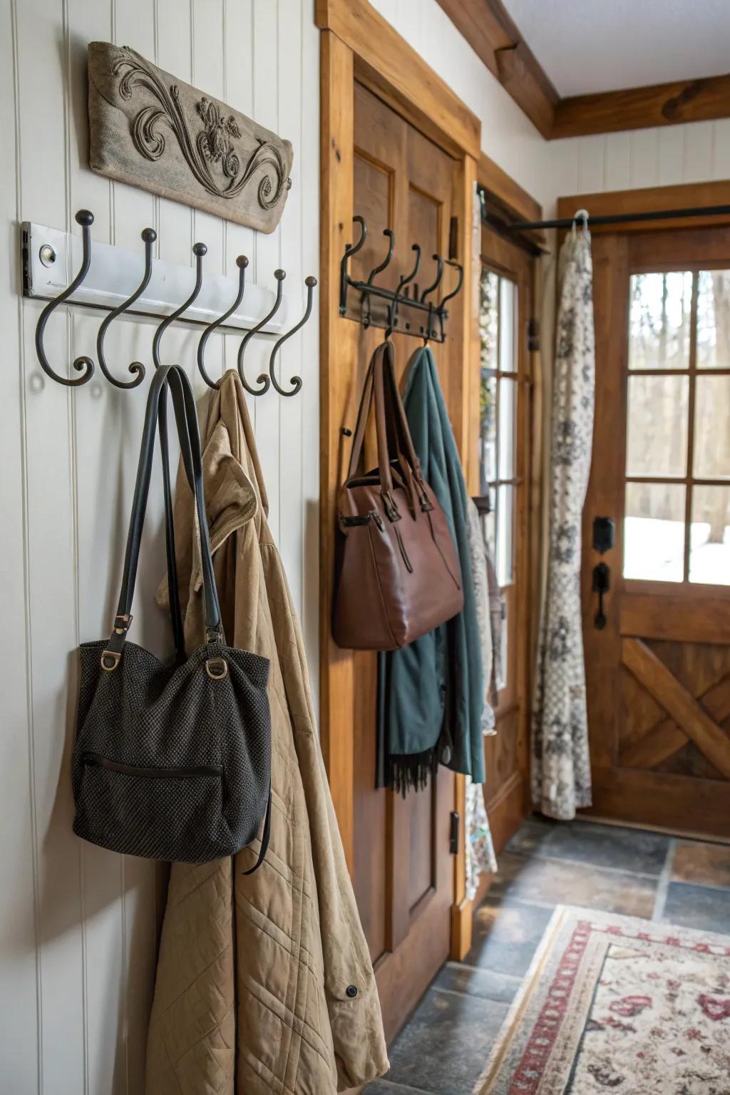Wall fixtures serve as both stylish and functional elements in a mudroom.