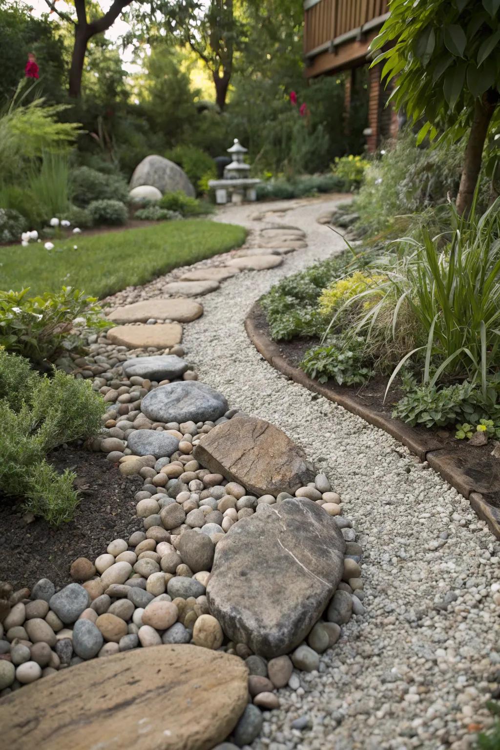 A garden path playing with surface contrasts using polished stones and rough gravel.