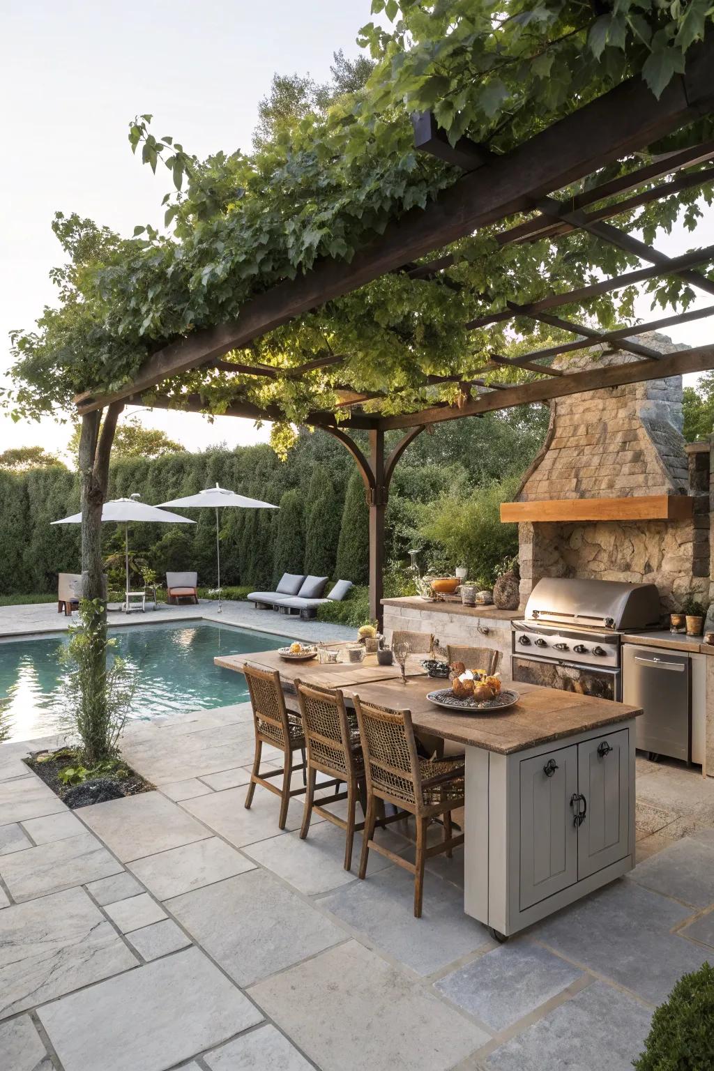 A structure-covered outdoor kitchen next to a peaceful pool.