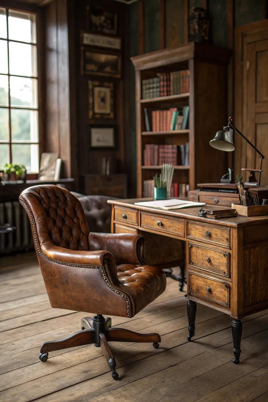 Animal hide furnishings introduce a hint of elegance and relaxation to a rustic office.