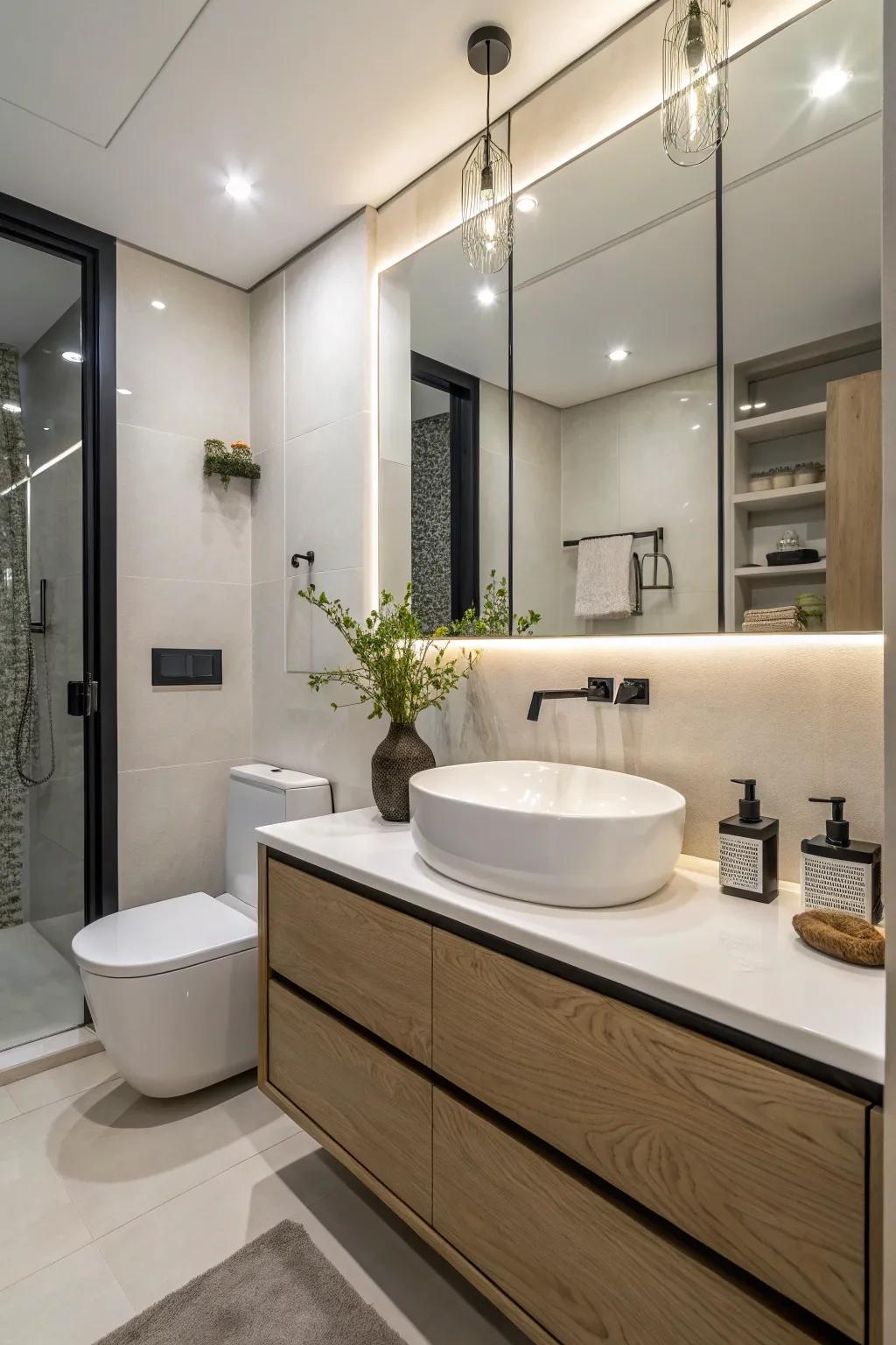 Up-to-date fixtures introduce a contemporary element to this compact bathroom.