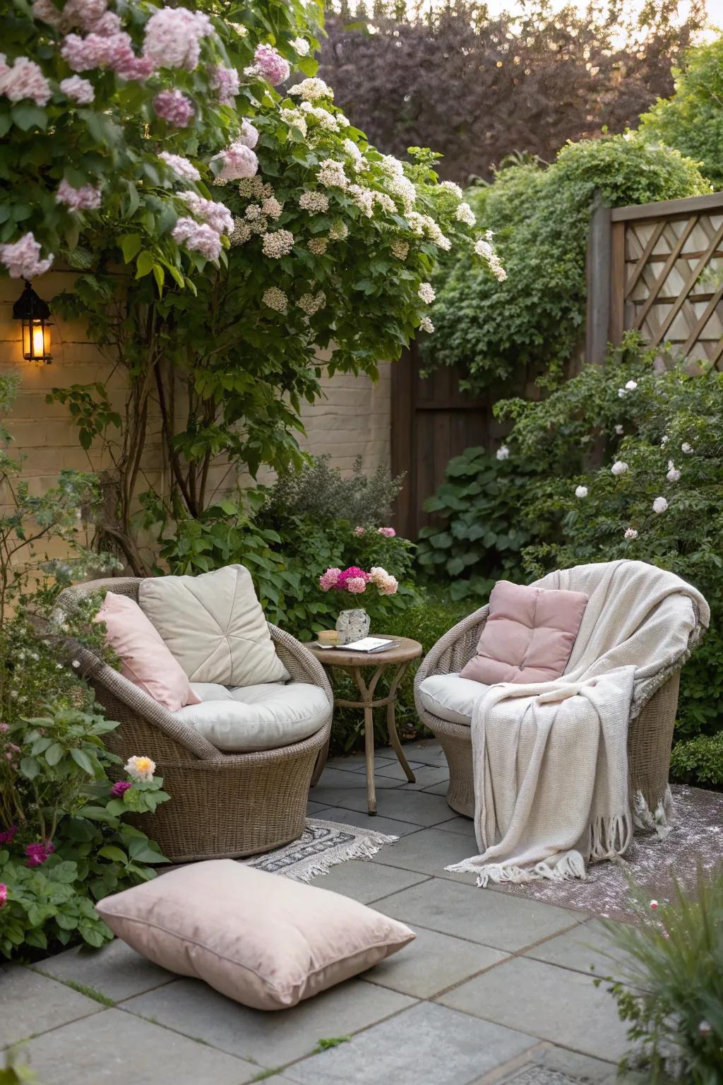 A snug seating area designed for relaxation in a small garden.