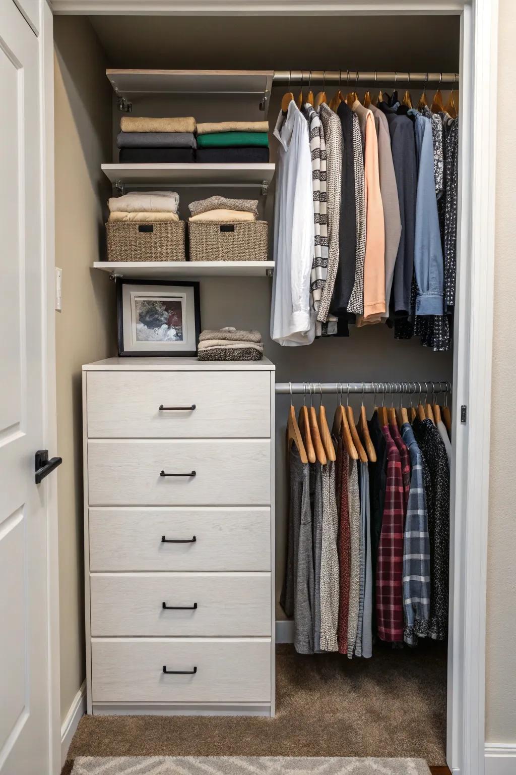 A dresser annexes storage whilst sustaining the chic layout.