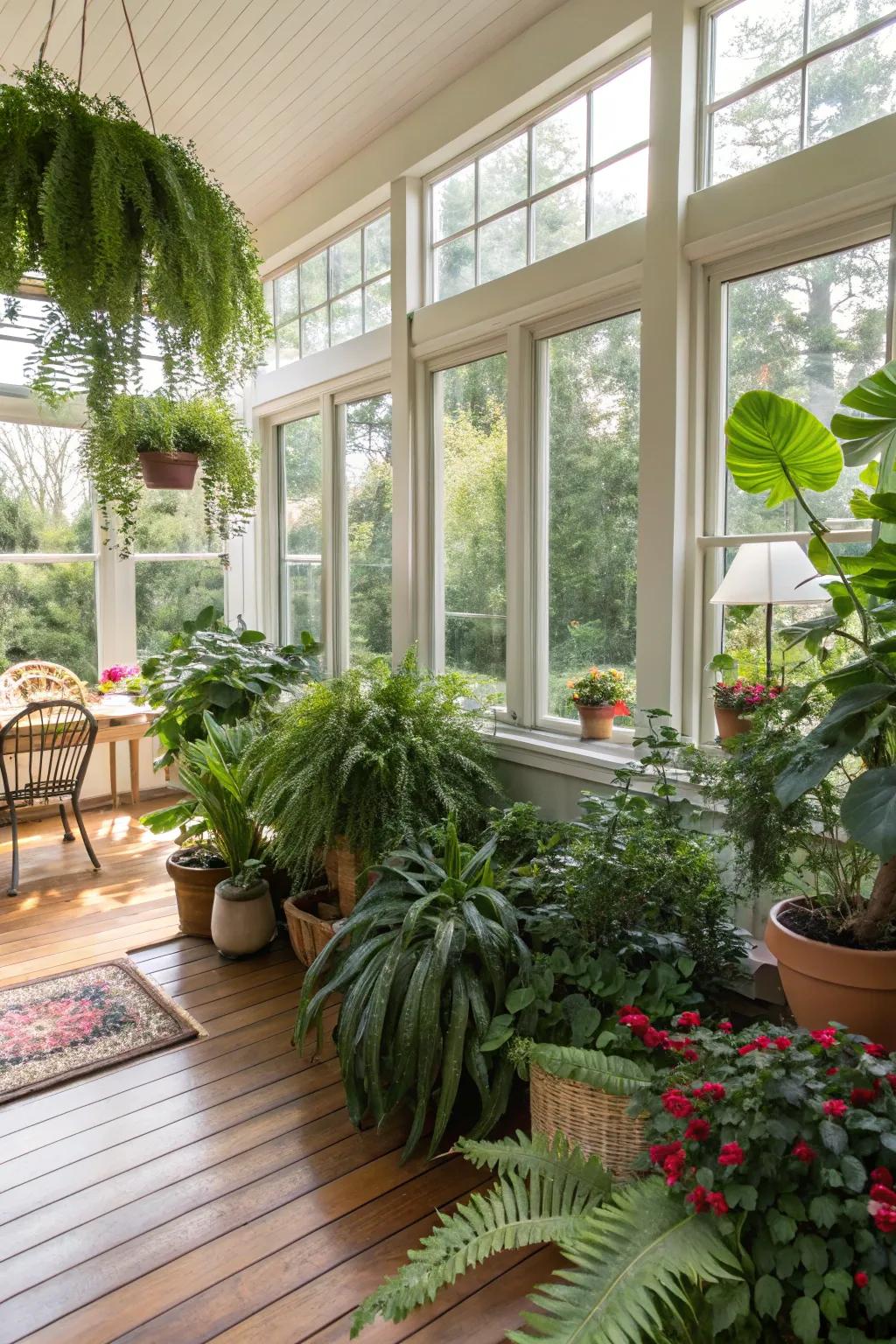 Lush greenery brings vibrancy and a natural element to this modern sunroom.