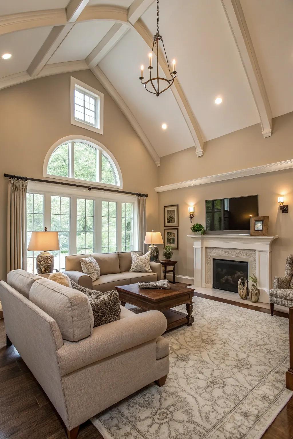 Neutral colors enhance the serene and spacious feel of this vaulted ceiling living room.