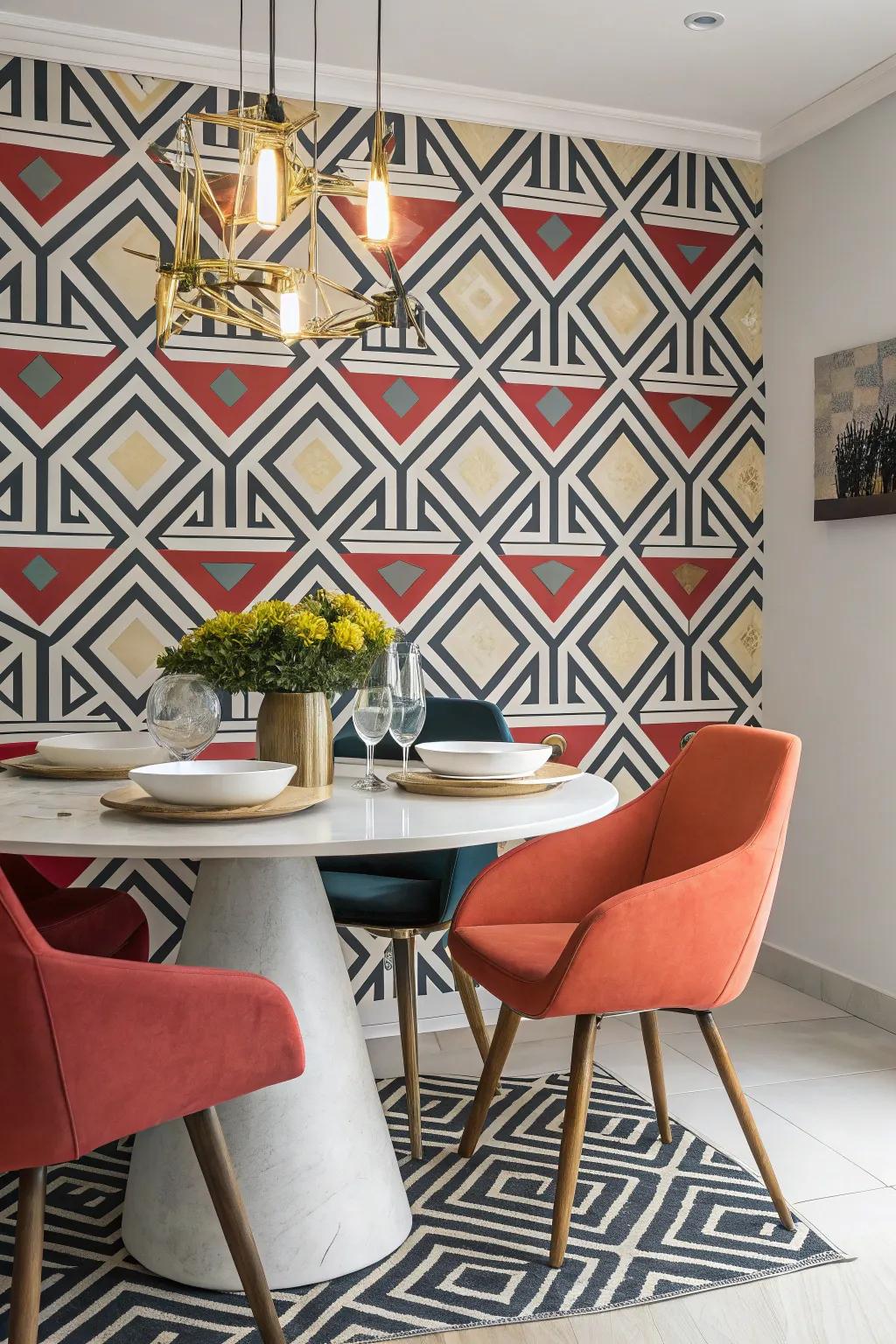 Intense complex shape wallcovering enhances a contemporary dining area.