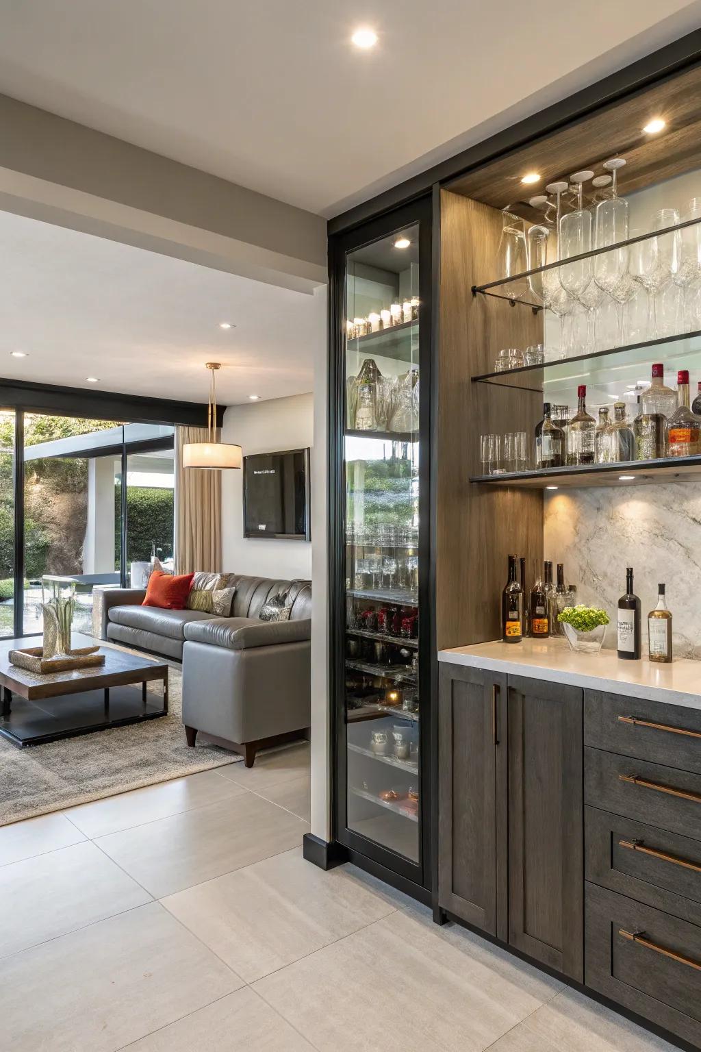Revealed shelving grants a contemporary flair to your home bar.