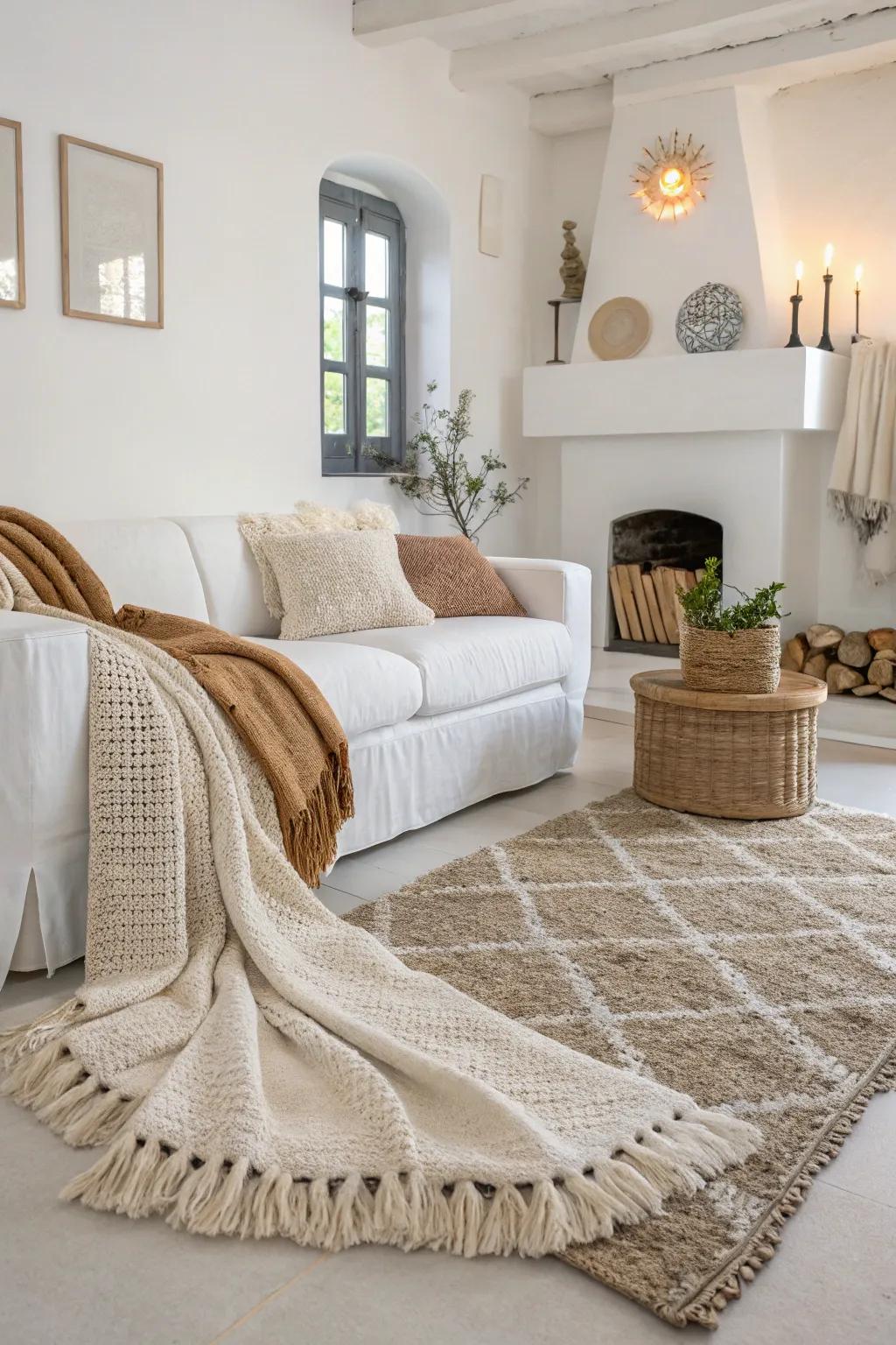 Tactile components such as ground coverings and throws impart intensity to a white lounge.