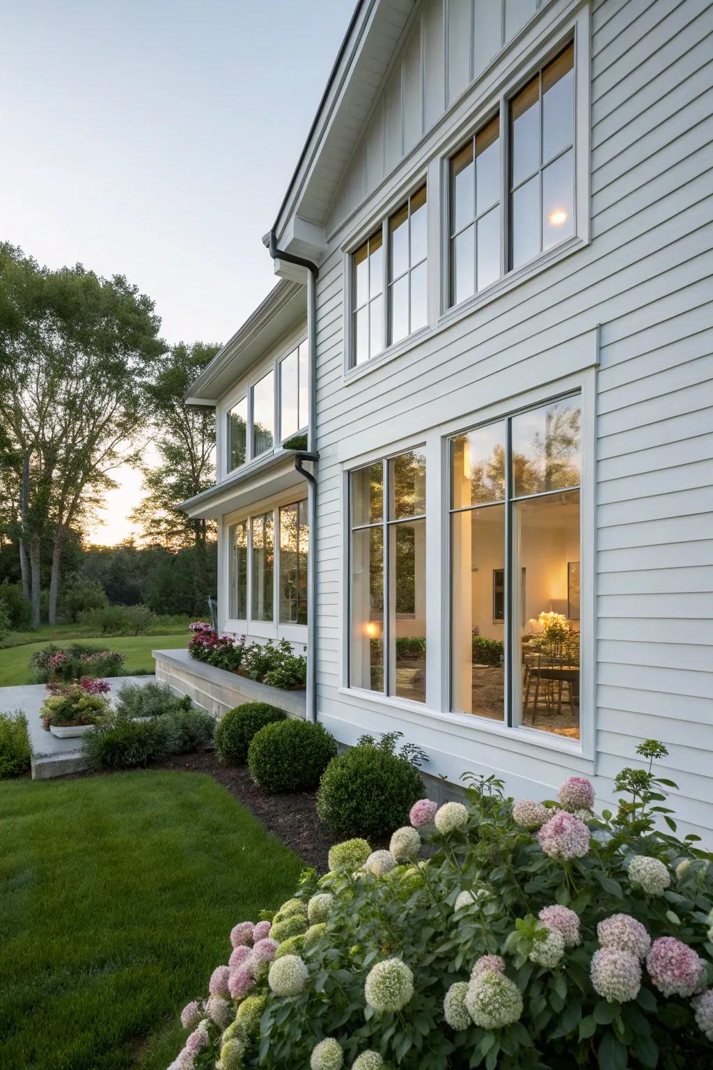 A bright and airy white house featuring expansive windows.