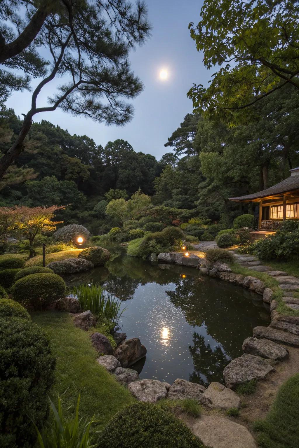 A peaceful pond mirroring the moon's soft light.