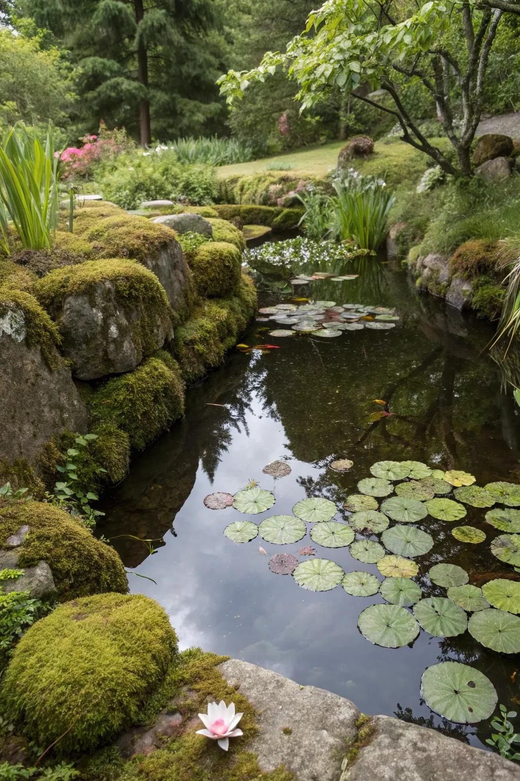 A serene pond enclosed by vibrant algae stones.